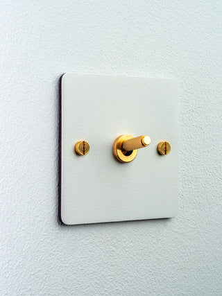 Brushed brass toggle light switch on a white wall