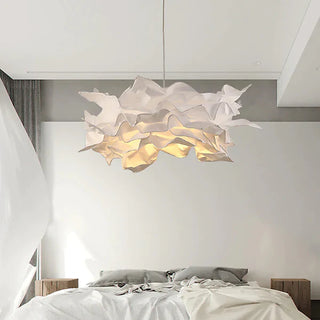 Fabric bedroom pendant from below — white adjustable ceiling lamp