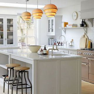 Bamboo basket pendant from below — natural kitchen island light
