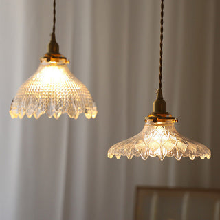 Mid-century glass pendant from below — brass adjustable fixture