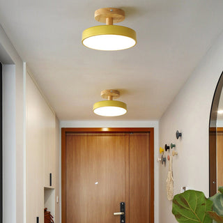 Colorful round ceiling lamp, wood and iron flush mount design