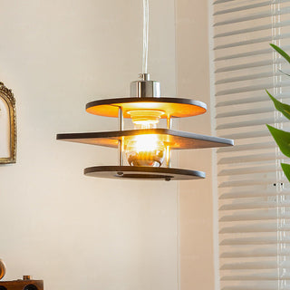 Retro walnut pendant light — small metal wood dining room lamp