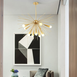 Mid-century brass chandelier — large 10-bulb modern metal ceiling fixture