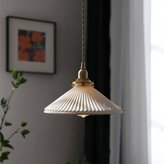 Ceramic pendant light side view — retro pleated shade living room