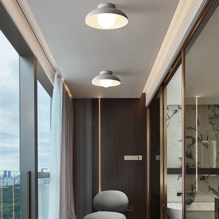 Minimalist ceiling fixture in white metal, round living room lamp