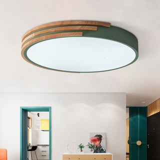 Wood LED ceiling fixture from below, round dimmable design