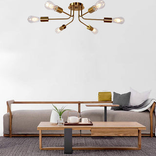 Gold semi-flush glass chandelier ambient — 6 shades warm glow
