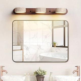 Rustic wood wall sconce in bathroom — LED vanity lamp fixture