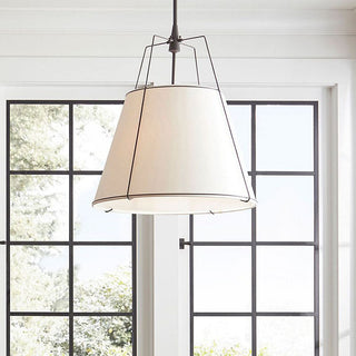 White fabric pendant side view — modern adjustable rod fixture
