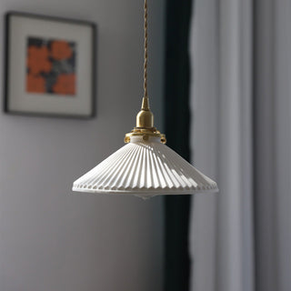 Ceramic retro pendant lamp in living room — pleated shade ceiling light