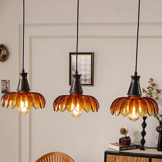 Retro amber pendant from below — flower glass decorative light