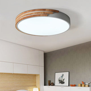 Dimmable round wood ceiling lamp, ambient living room light