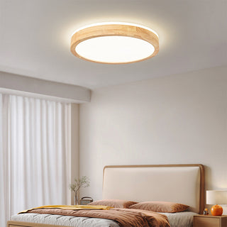 Natural wood ceiling light LED round frame – living room