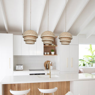 Bamboo basket pendant detail — natural kitchen island fixture