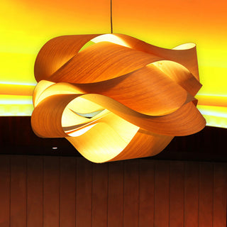 Warm ambient kitchen lamp with geometric wood pendant