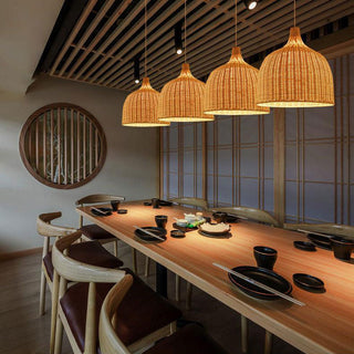 Rattan basket pendant casting warm shadow pattern