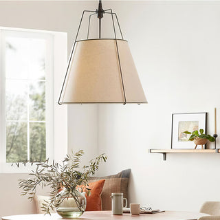 Modern fabric pendant close-up — white adjustable rod lamp
