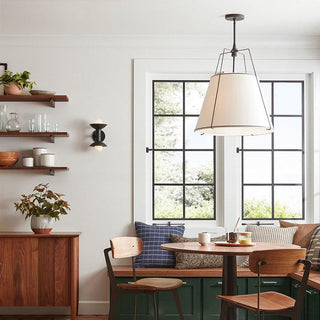 White rod pendant from below — modern fabric hanging light