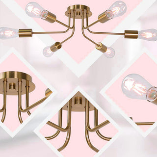 Semi-flush gold chandelier close-up — 6 glass shades detail