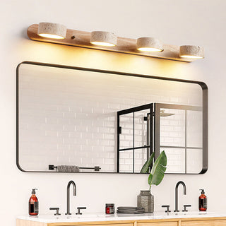 Rustic wood bathroom wall lamp illuminated — LED vanity sconce