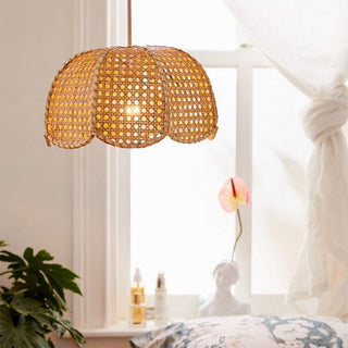 Rattan woven pendant close-up — round brown eco ceiling lamp