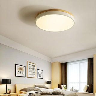 Round LED wood flush mount light – cool daylight mode, bedroom