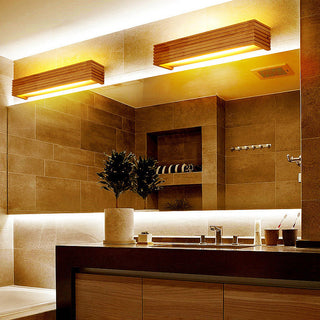 Wood LED bathroom rustic wall sconce detail — vanity