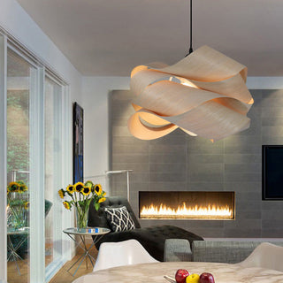 Wood pendant light with geometric form — warm ambient