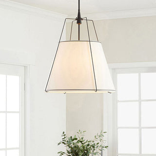 Modern white fabric pendant in interior — adjustable rod lamp