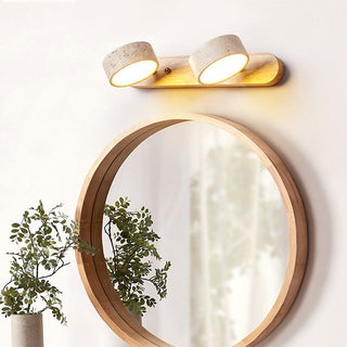 Rustic wood bathroom wall sconce with LED vanity lighting — fixture