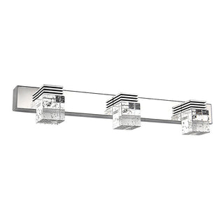 Crystal silver LED vanity wall lamp illuminated — luxury bathroom