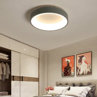 Round grey Scandinavian ceiling fixture, modern LED living room
