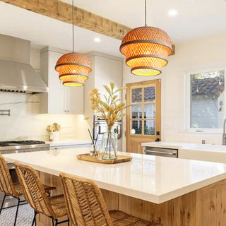 Natural bamboo pendant close-up — basket kitchen island lamp