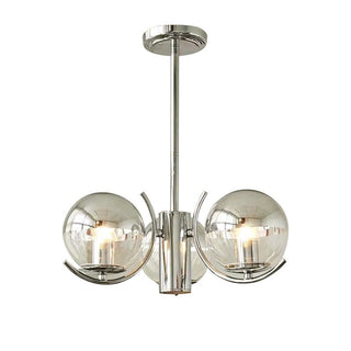 Silver space ball glass chandelier wide view — modern metal warm