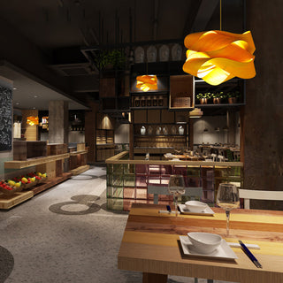 Geometric kitchen pendant with warm wood construction