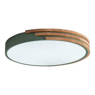 Round wood LED ceiling lamp in living room, dimmable ambient