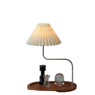Retro wood table lamp side — vintage fabric shade warm glow