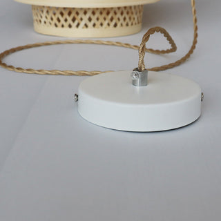 Bamboo island pendant side view — natural basket kitchen fixture