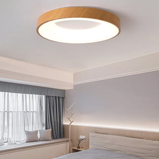 Natural wood round LED ceiling light, warm ambient lamp