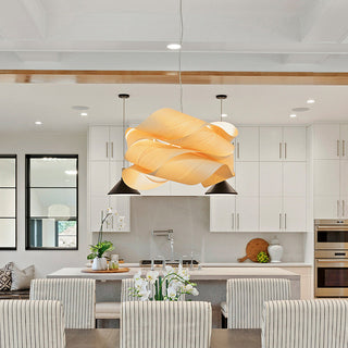 Pendant with geometric wood design over kitchen island