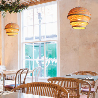 Natural bamboo pendant side angle — basket kitchen ceiling lamp