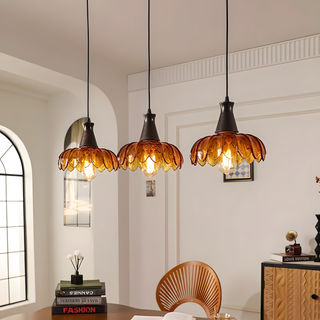Retro flower pendant detail — amber glass decorative ceiling fixture