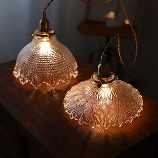 Vintage brass pendant side view — mid-century glass ceiling lamp