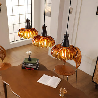 Amber flower pendant side angle — retro glass decorative lamp