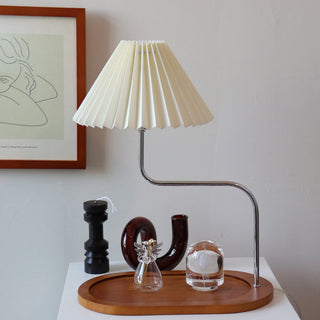 Retro pleated table lamp — solid wood vintage fabric shade iron base