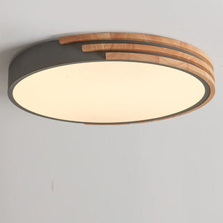 Wood ceiling light with dimmable LED, round fixture living room
