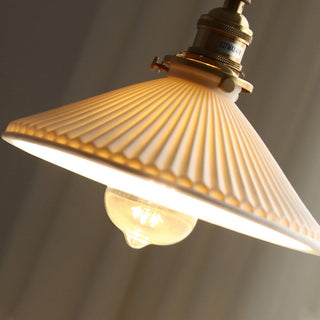 Retro ceramic pendant from below — pleated lampshade ceiling fixture