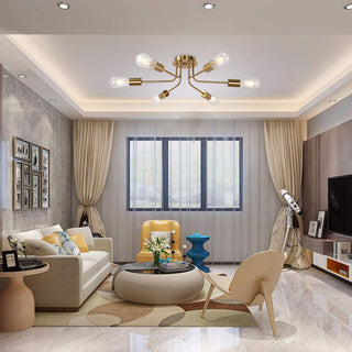 Modern gold semi-flush chandelier front — 6 glass shades design