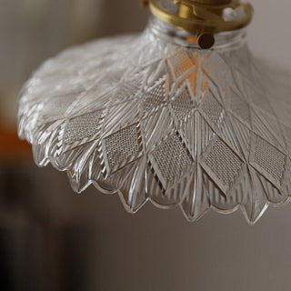 Vintage glass pendant from above — mid-century brass ceiling lamp