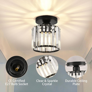 Black Hallway Ceiling Light - Modern 1-Light Semi-Flush Mount Fixture with Crystal Shade